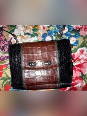 Brighton Black and Brown Croc-Texture Crossbody Bag Wallet Trifold Purse Card